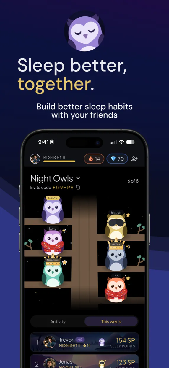 Sleep better, together. A roost of owls perched in a tree above the week's leaderboard.