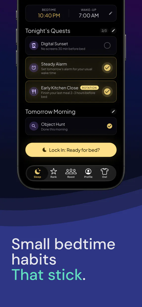 Small bedtime habits that stick. Tonight's quests and the Lock In button.
