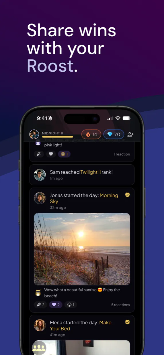 Share wins with your roost. A feed of sunrise photos, rank-ups and reactions.