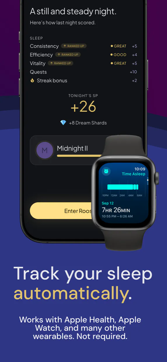 Track your sleep automatically. The morning reveal beside an Apple Watch showing time asleep.